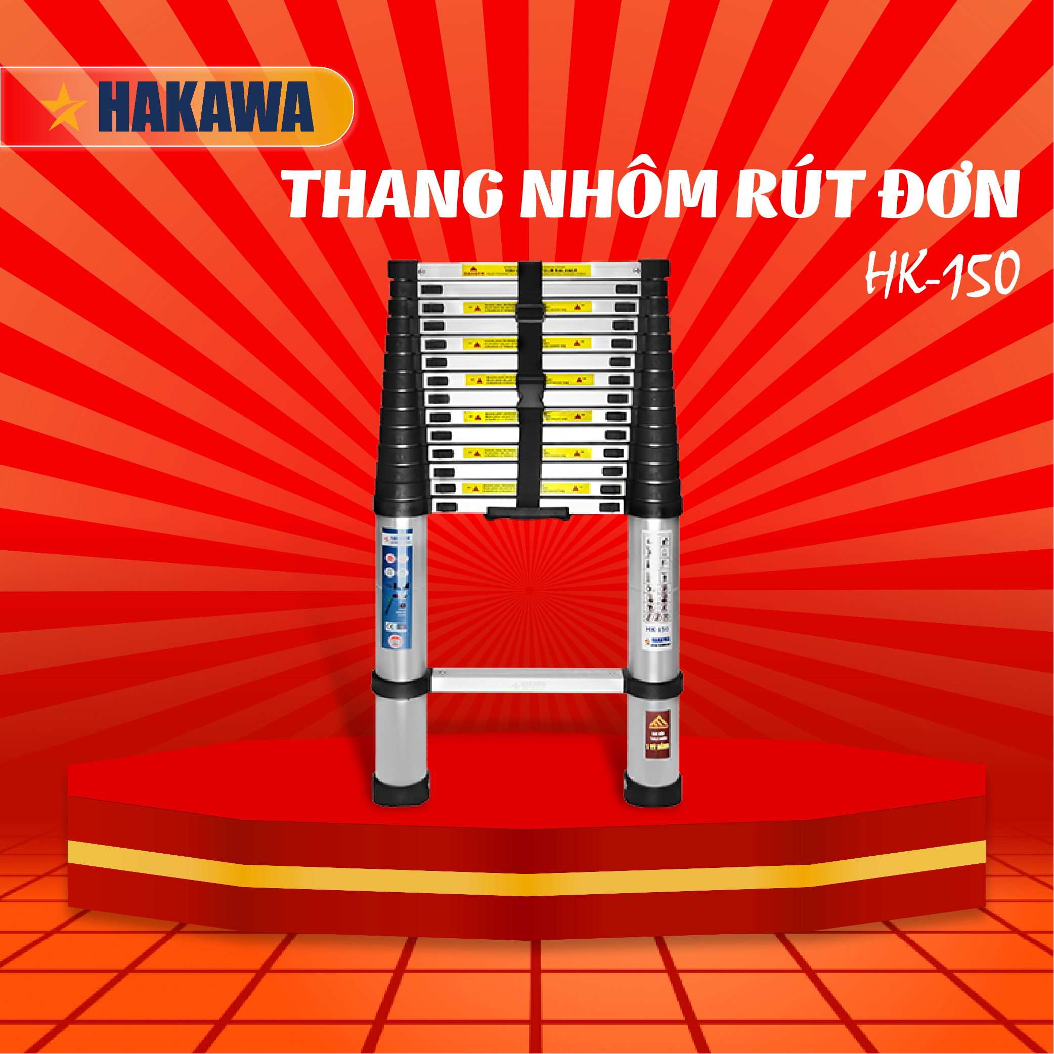 Thang nhôm rút đơn xếp gọn cao cấp hakawa hk-150 - hàng chính hãng - bảo hành 2 năm