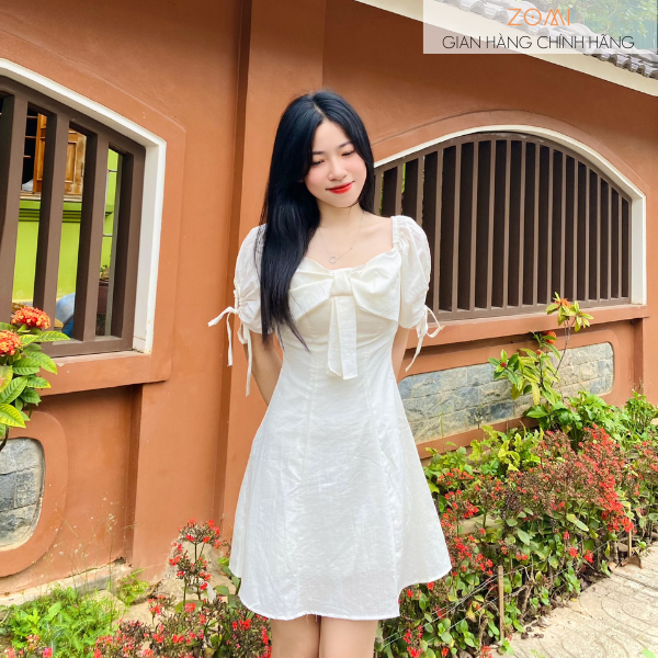 Đầm xèo dáng chữ A nơ trước ngực thiết kế cao cấp ZOMI i051