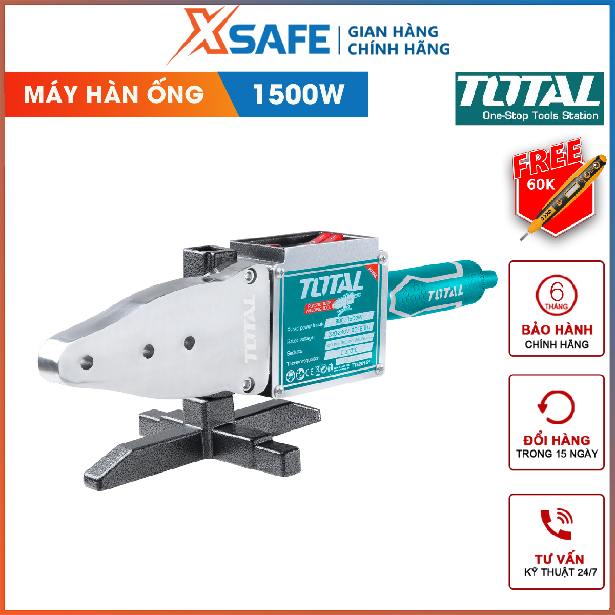 Máy hàn ống nhựa total tt328151 máy hàn nhiệt ống 800/1500w, 220-240v~50/60hz, điều chỉnh nhiệt 0-300°c, 2 cấp gia nhiệt nhanh, thời gian làm nóng nhanh độ kết dính cao, bền lâu