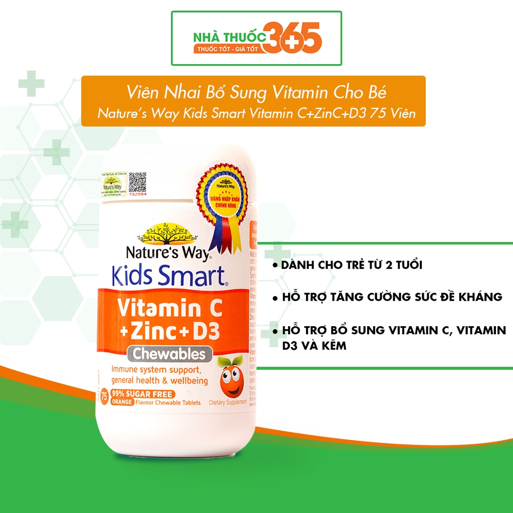 Viên Nhai Nature’s Way Kids Smart Vitamin C+ZinC+D3 Chewable Tablets Bổ Sung Vitamin Cho Bé Phát Triển Toàn Diện - Hộp 75 Viên