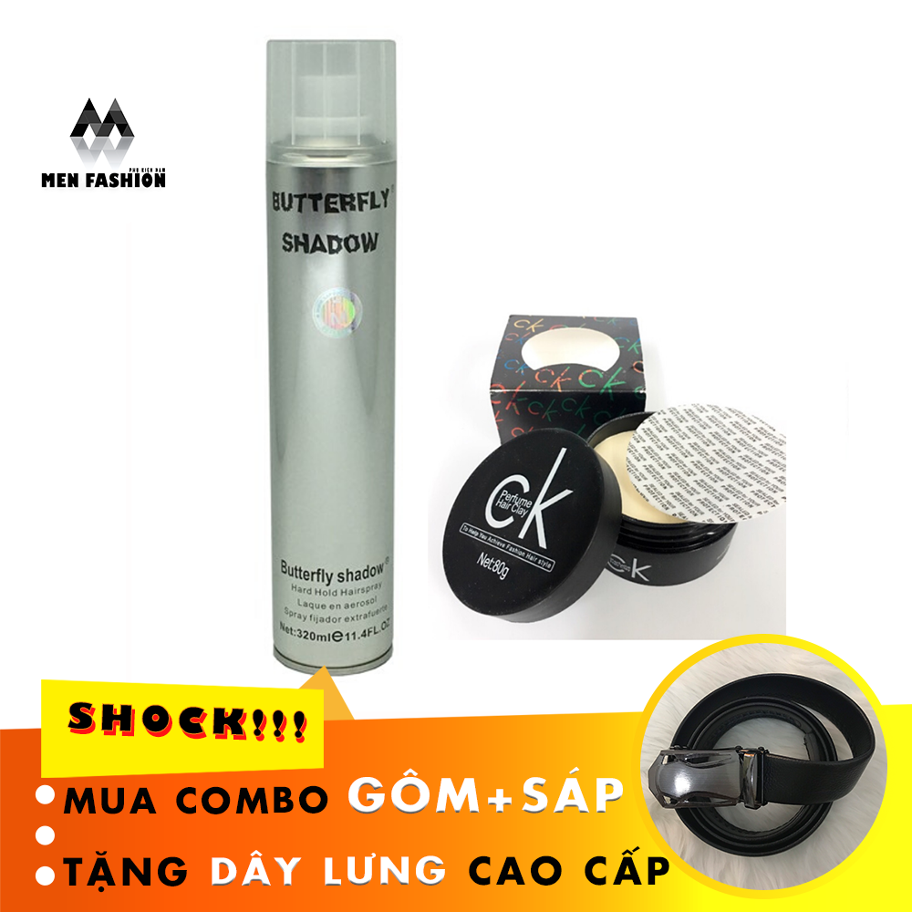 Combo gôm + sáp, keo xịt tóc butterly shadow - gôm xịt tóc - keo vuốt tóc- sáp vuốt tóc nam nữ, gôm xịt tóc tạo kiểu chuyên nghiệp cho nam nữ 320ml- tạo cứng, không bóng, tặng dây lưng cao cấp