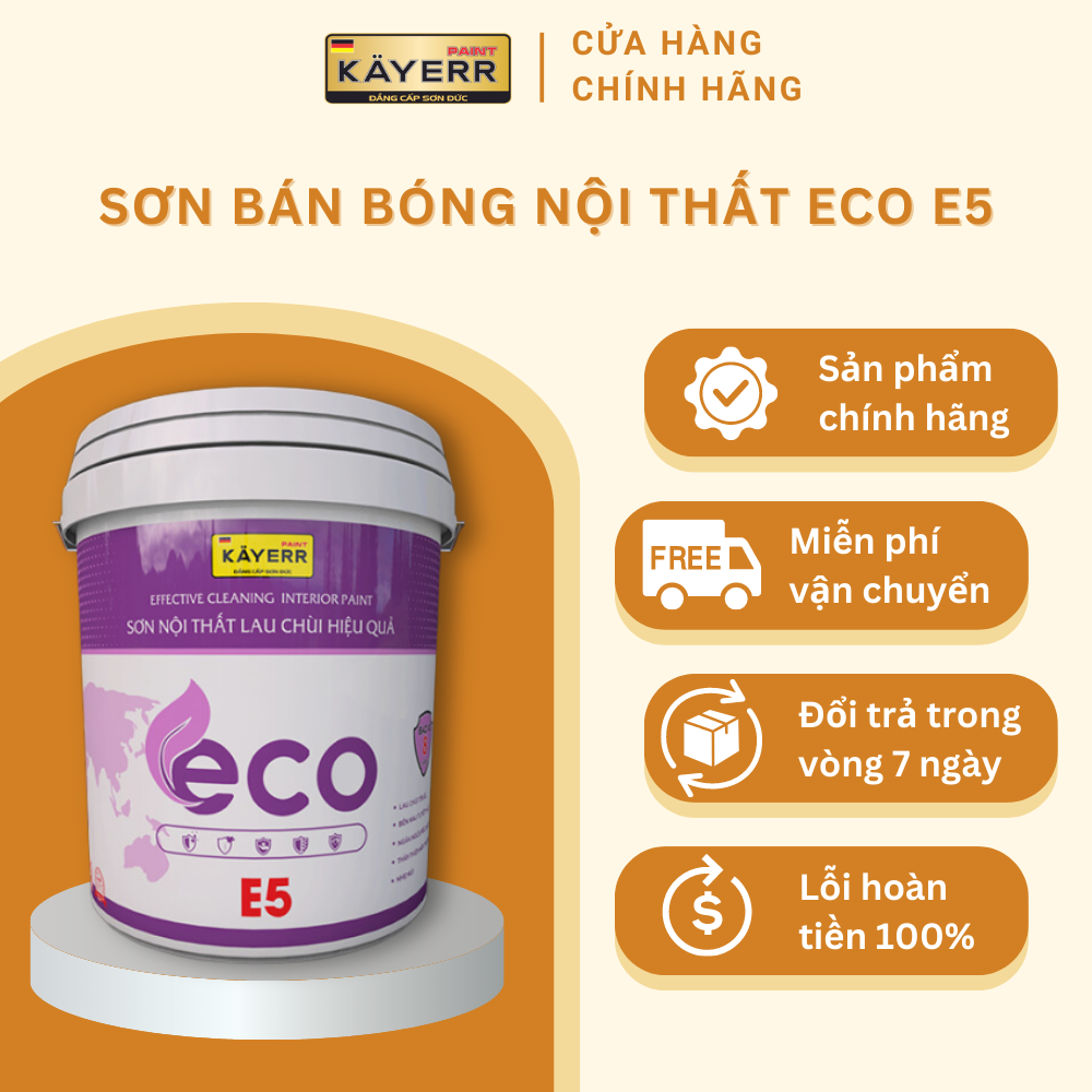 Sơn bán bóng nội thất ECO E5 nhiều màu bề mặt bóng mờ lau chùi dễ dàng an toàn dễ sử dụng 5lít/ 18 lít