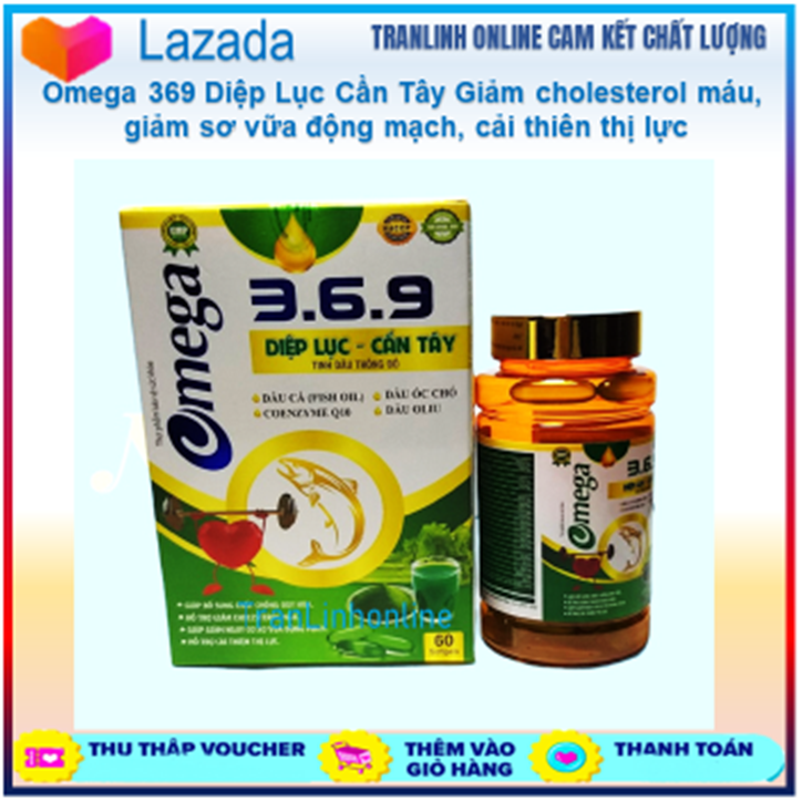 Viên Uống Omega 369 Diệp Lục  Cần Tây, Tinh Dầu Thông Đỏ, Giảm Cholesterol Máu, Bổ Não, Sáng Mắt, Khỏe Tim Mạch - hộp 60 viên