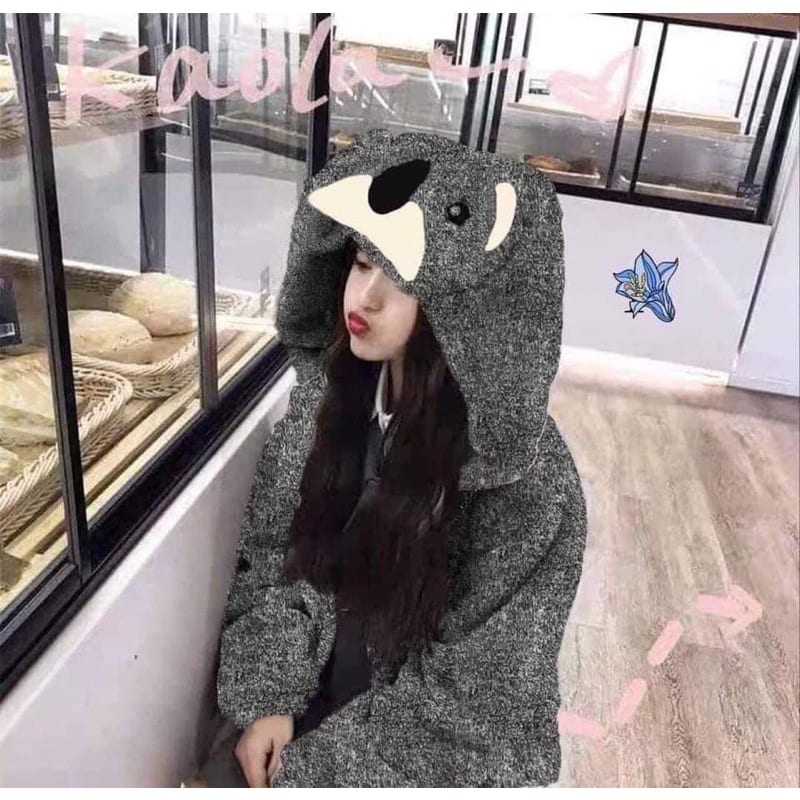Áo Khoác lông Nâu Mũ Thêu Gấu khóa kéo Giữ Ấm