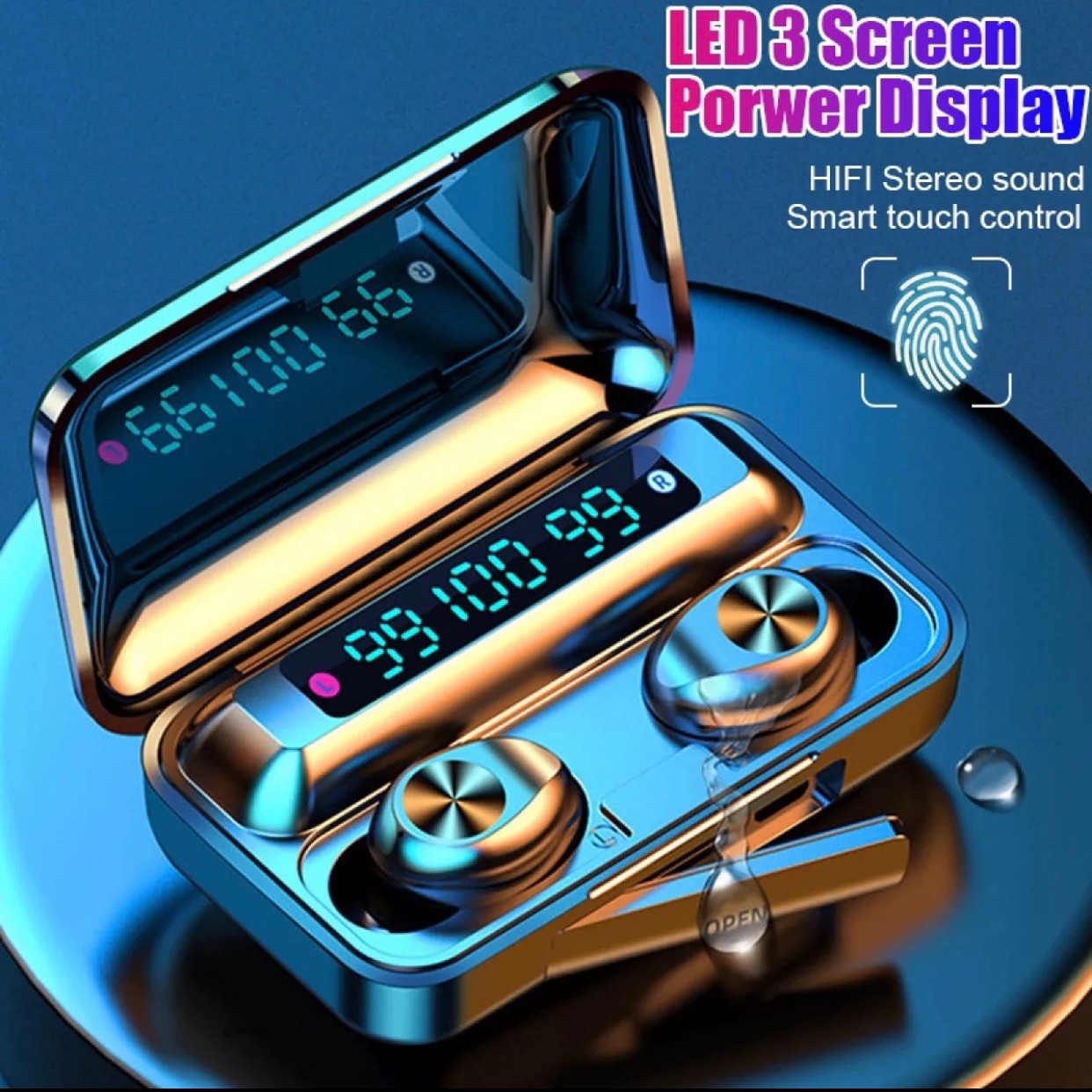 Tai nghe bluetooth F9 nghe 2 tai kĩ thuật số TW HD+ ,âm thanh nổi/âm thanh HiFi HD+ ,hiện thị dung lượng pin có đế xạc dung lượng pin cao