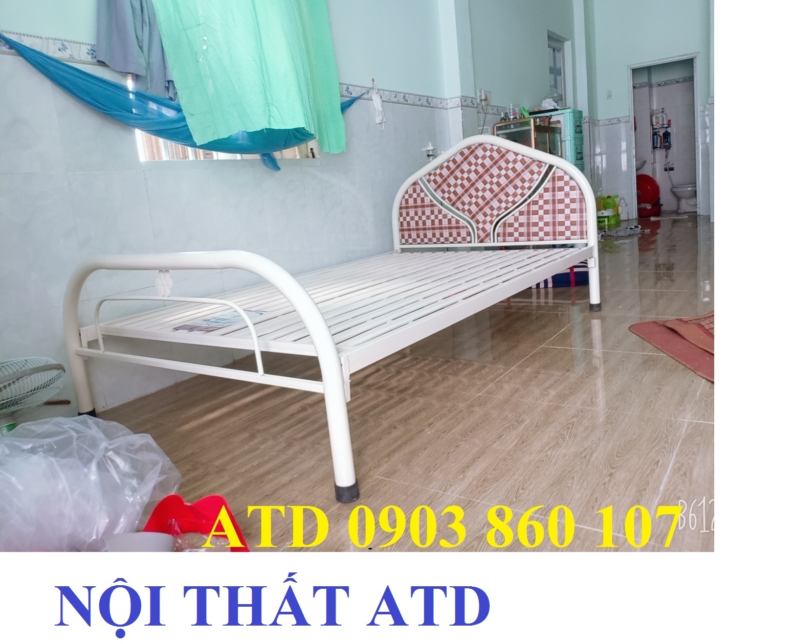 [HCM]Giường sắt đơn giá rẻ 1mx2m màu kem xanh dương y hình chịu lực tốt