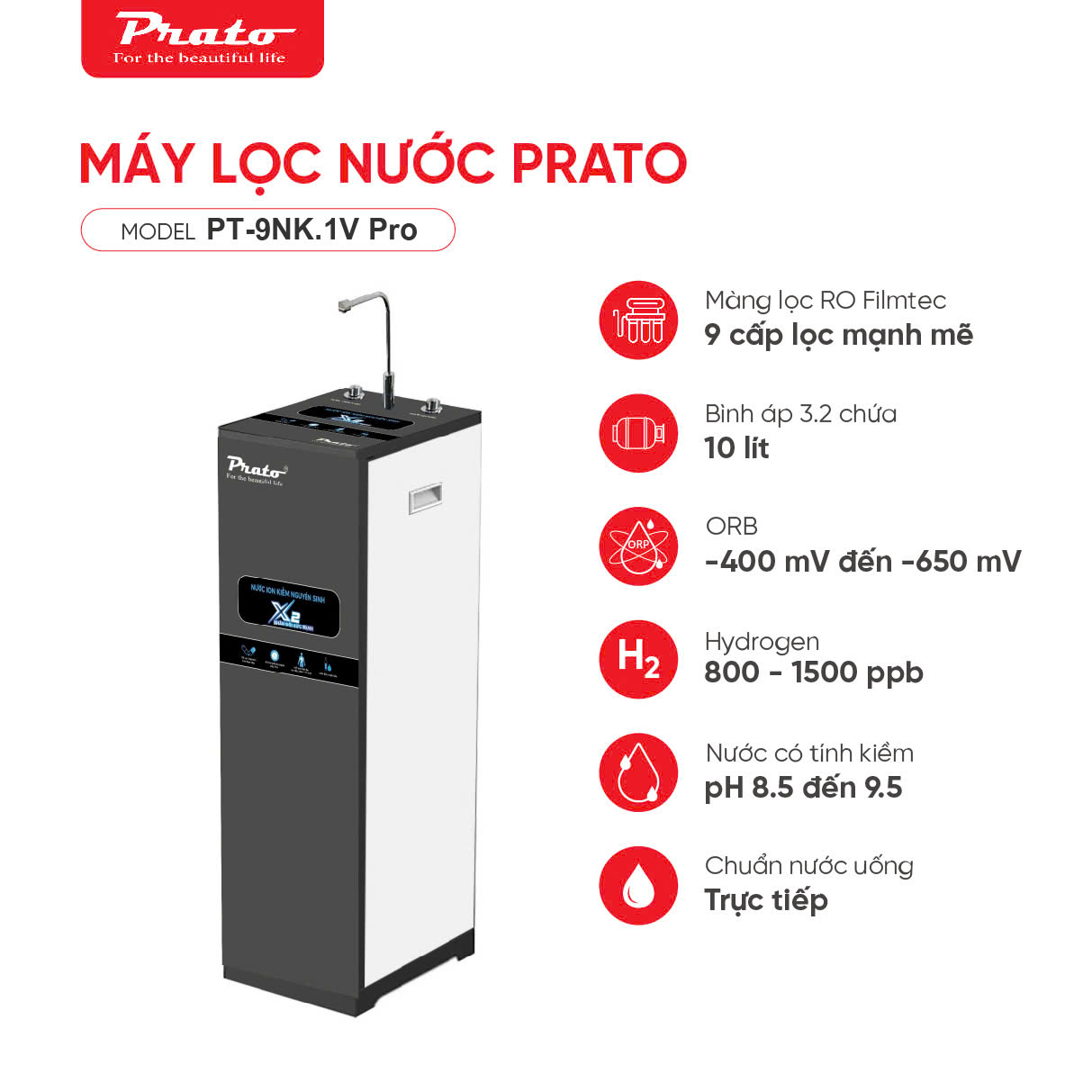 Prato Pt-9Nk.1V Pro Water Purifier with 9 Fine Membrane Filtration Levels, Provides Alkaline Ionized Water for Direct Drinking. Genuine Products