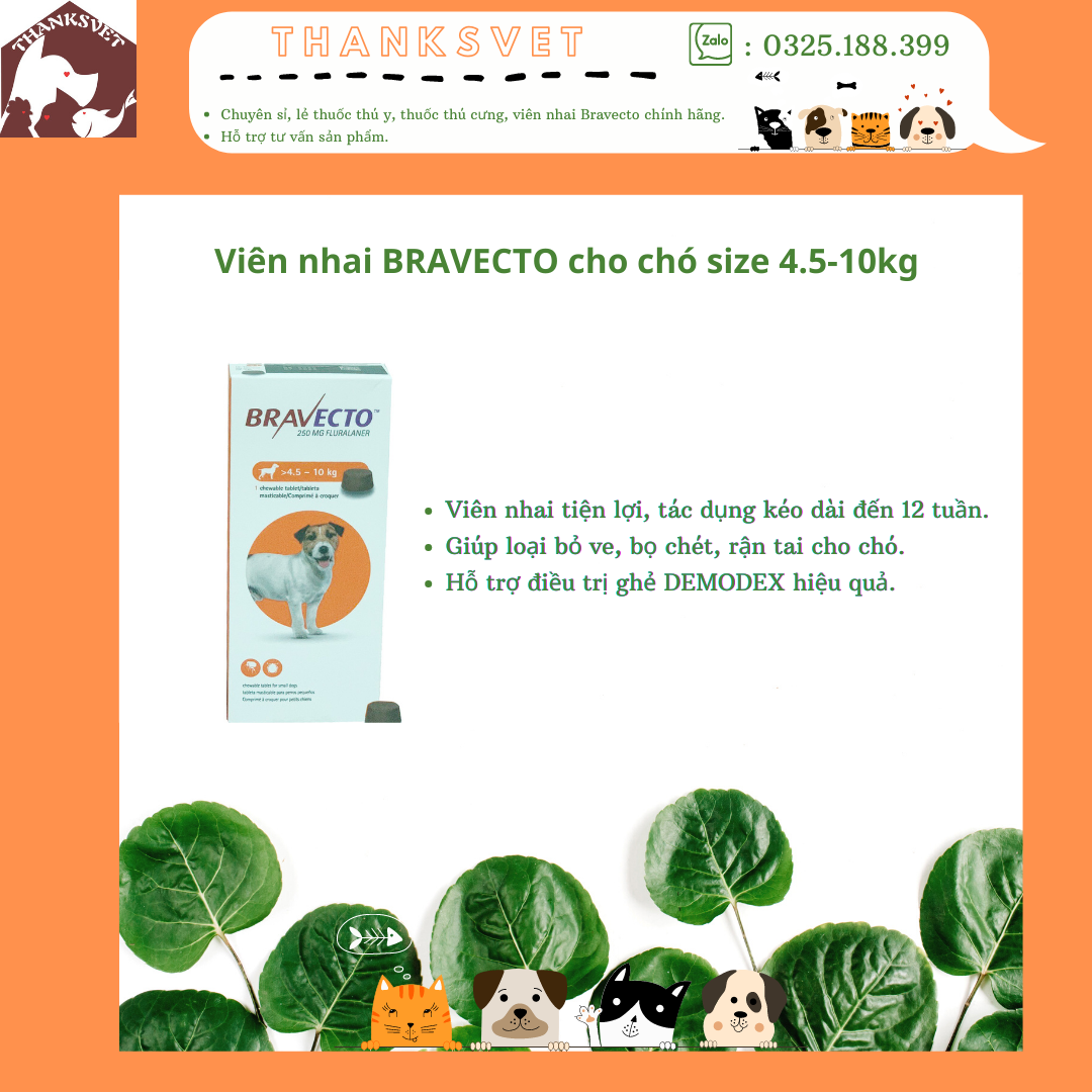 BRAVECTO- viên nhai cho chó loại bỏ ve, ghẻ, bọ chét, bảo vệ chó khỏi DEMODEX (chó từ 4.5-10 kg)