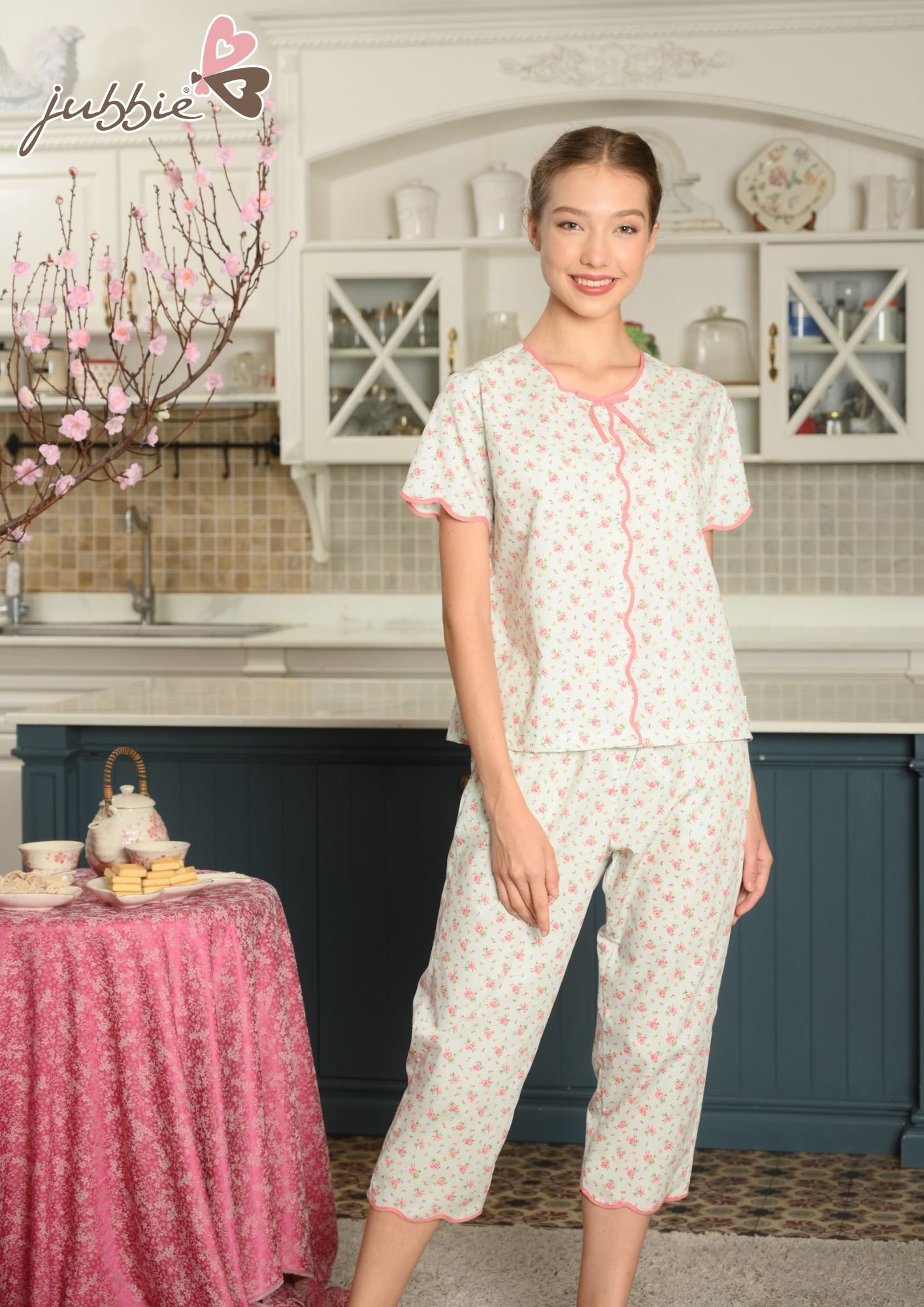 Bộ lửng cổ tròn viền nhân tay ngắn mặc nhà Jubbie 32479