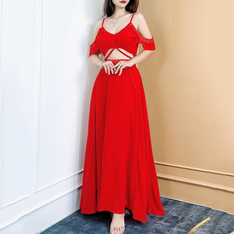 Đầm maxi nữ trơn rớt vai phối ren mimix co8260