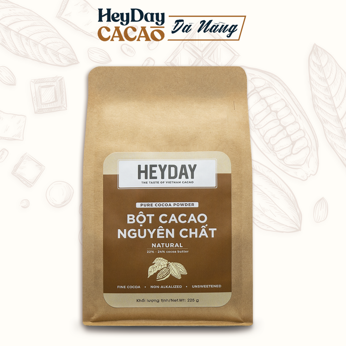 Bột cacao nguyên chất 100% Heyday - Dòng Natural thuần tự nhiên, không kiềm hoá - Túi giấy 225g - Chuẩn UTZ Quốc Tế