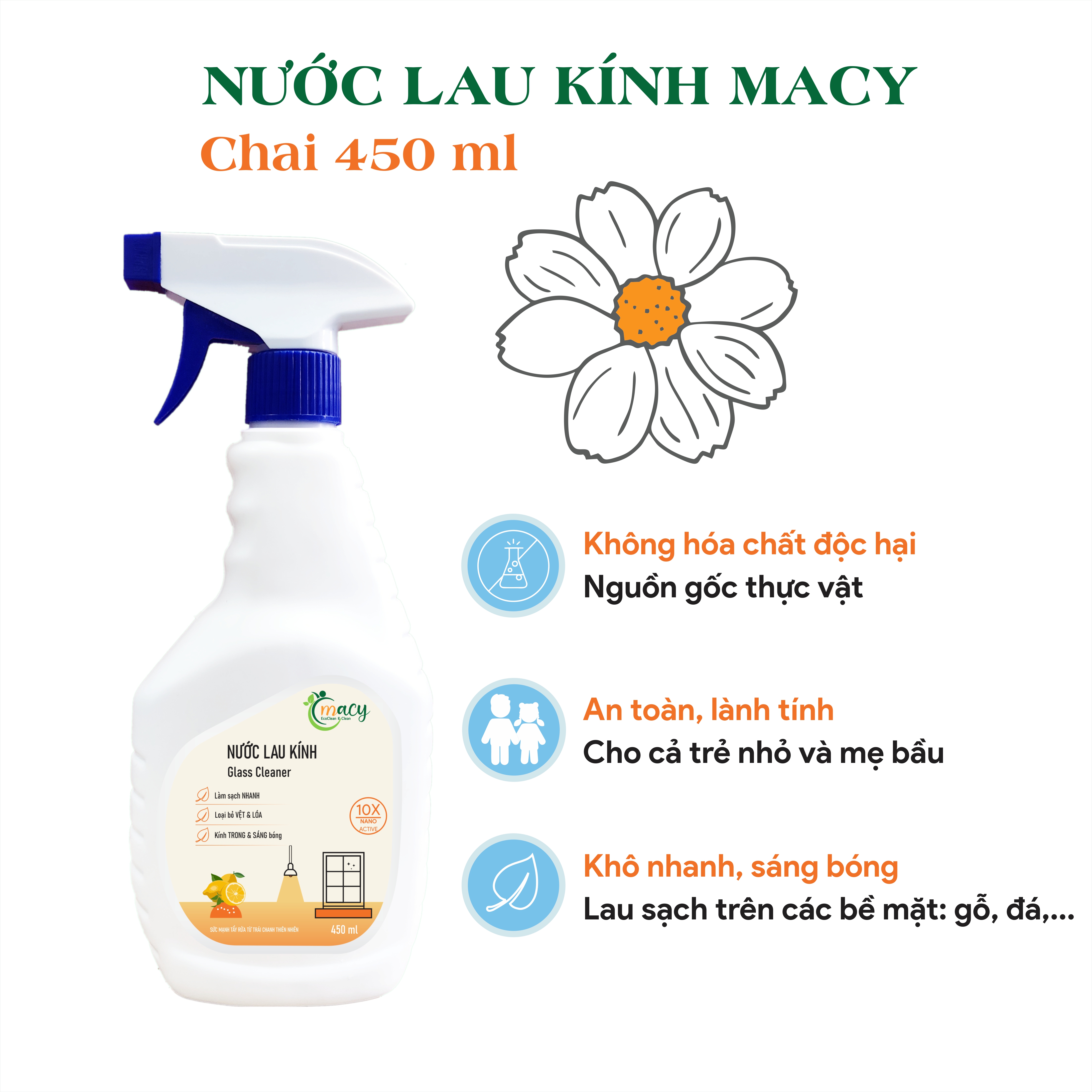 Nước lau kính Macy siêu sạch - 450ml hương hoa thiên nhiên
