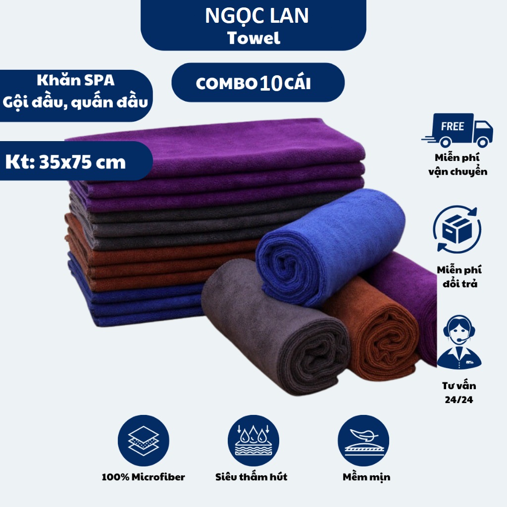 Combo 5 khăn gội đầu spa kích thước 35x75 quấn đầu loại dày, siêu thấm nước cho spa và salon tóc - ngọc lan
