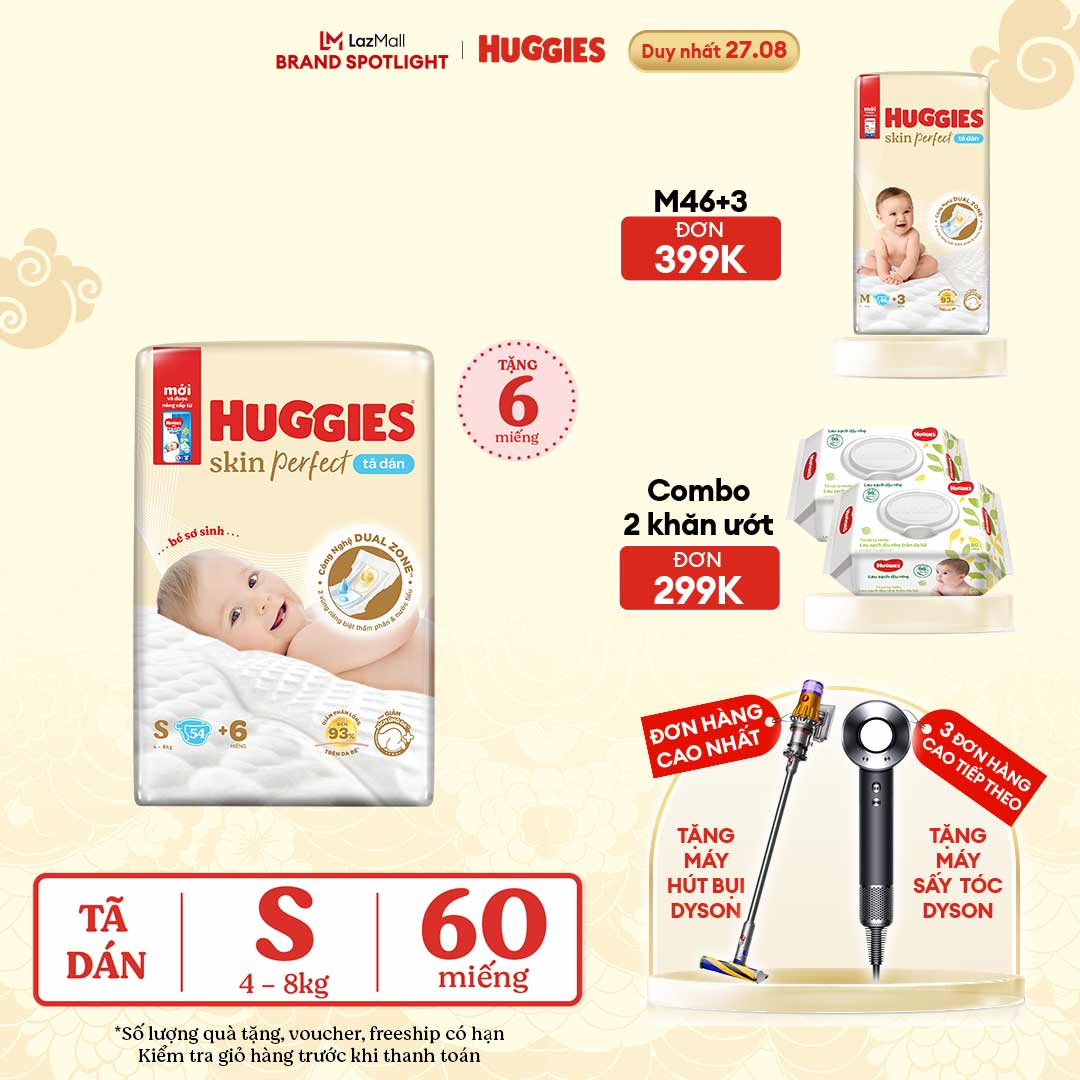 Tã/bỉm dán sơ sinh Huggies Skin Perfect S 54+6 miếng với 2 vùng thấm giảm kích ứng da