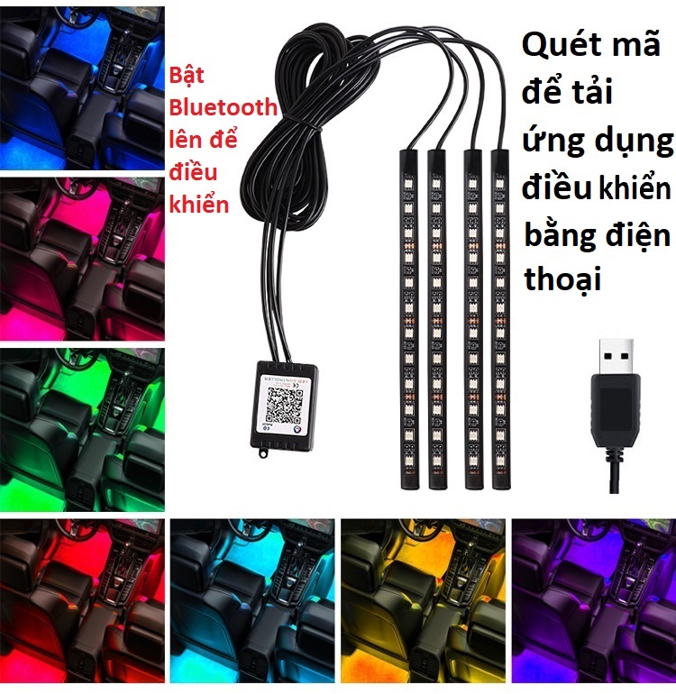 Bộ 2 đèn led siêu sáng soi gầm ghế xe ô tô điện áp 5V cắm cổng USB trên xe ánh sáng xanh băng