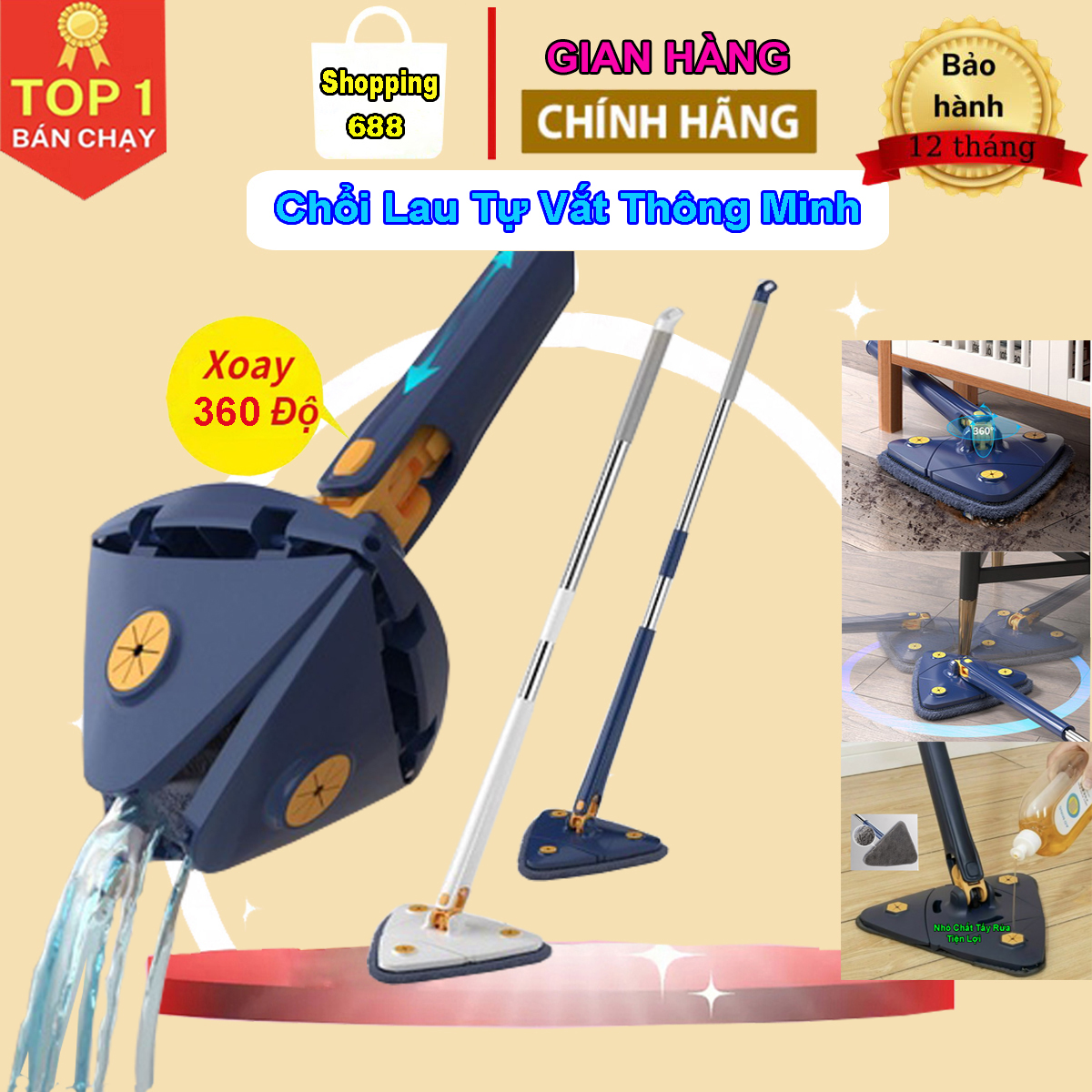 Chổi lau nhà thông minh tự vắt xoay 360 độ - cây lau nhà tự vắt thông minh hình tam giác, có khớp cử động linh loạt, lau mọi ngóc ngách, chổi lau nhà đa năng, chổi lau sàn, chổi lau nhà phun sương, cây lau kính, cây lau nhà tự vắt