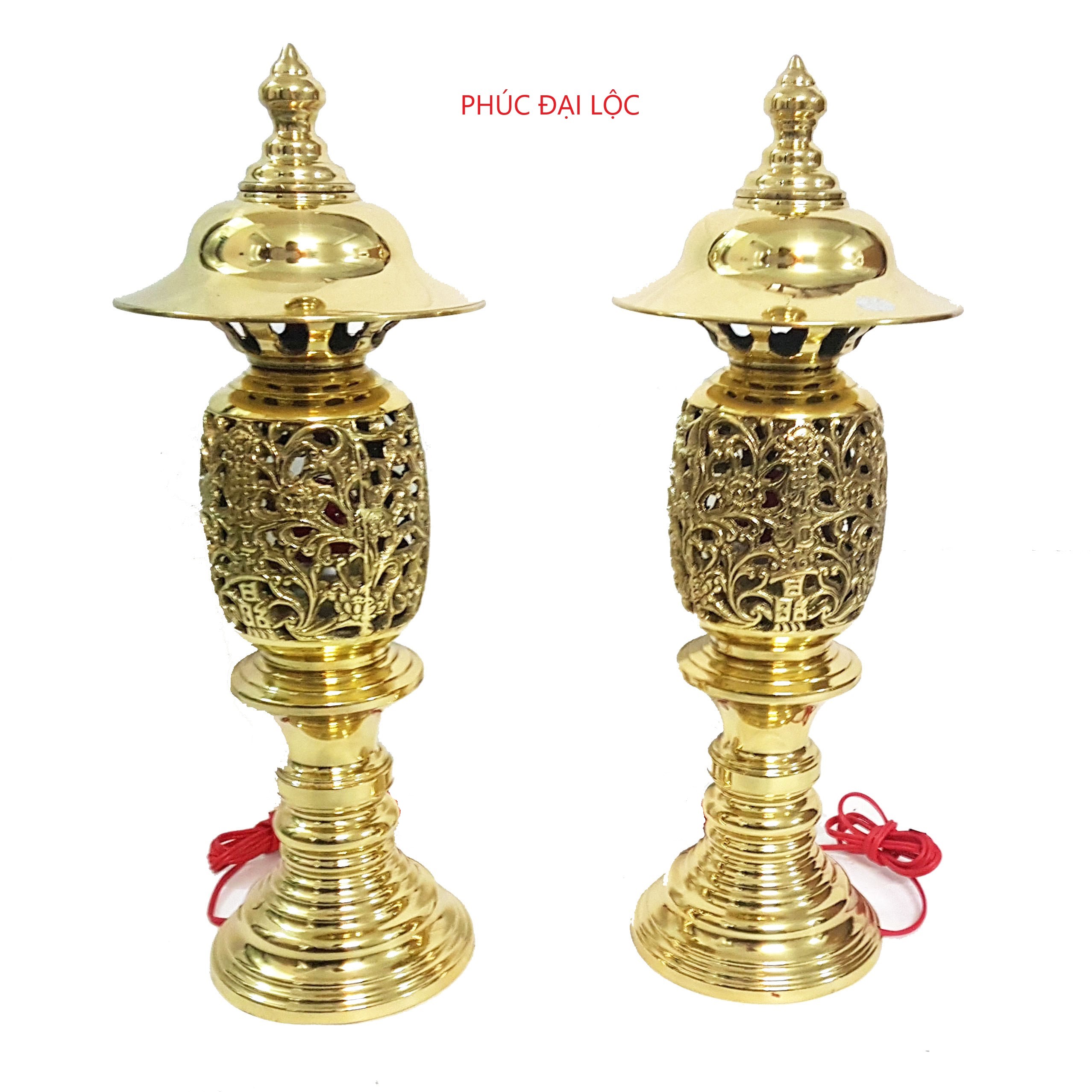 Đôi đèn điện thờ cúng quả dứa/thơm số 0 (ID0) bằng đồng cao 31 cm nặng 2.4 kg màu vàng bóng