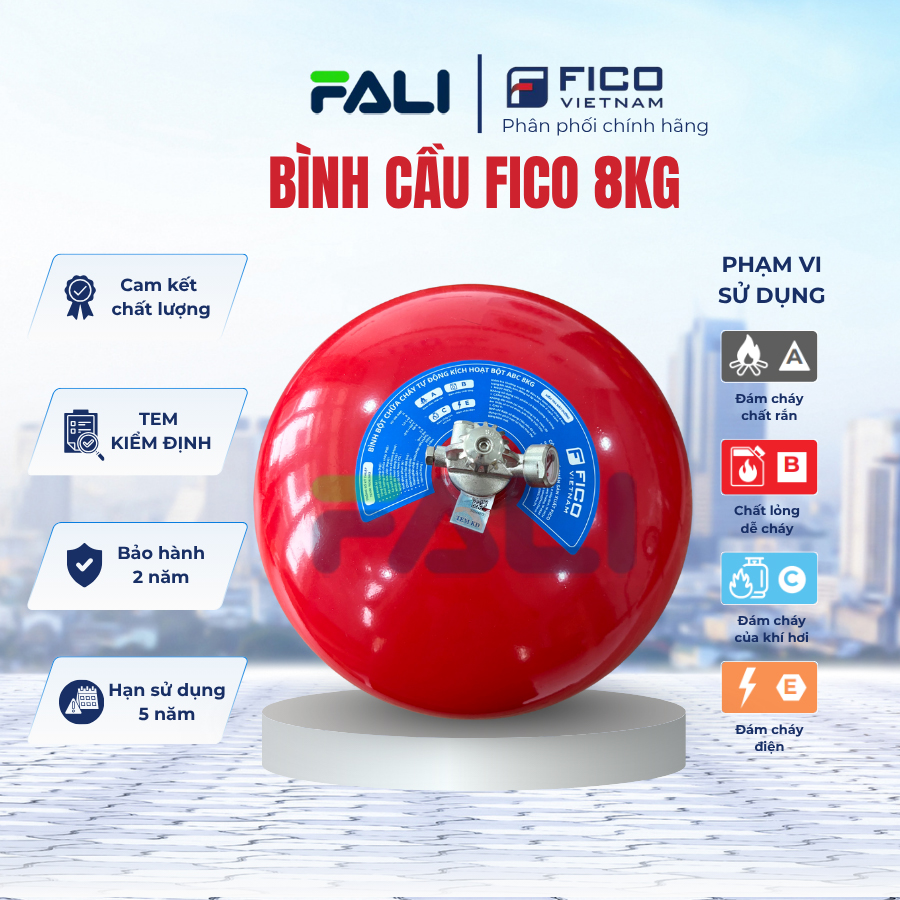 Bình cầu chữa cháy tự động FICO FC-118-ABC 8kg có kiểm định