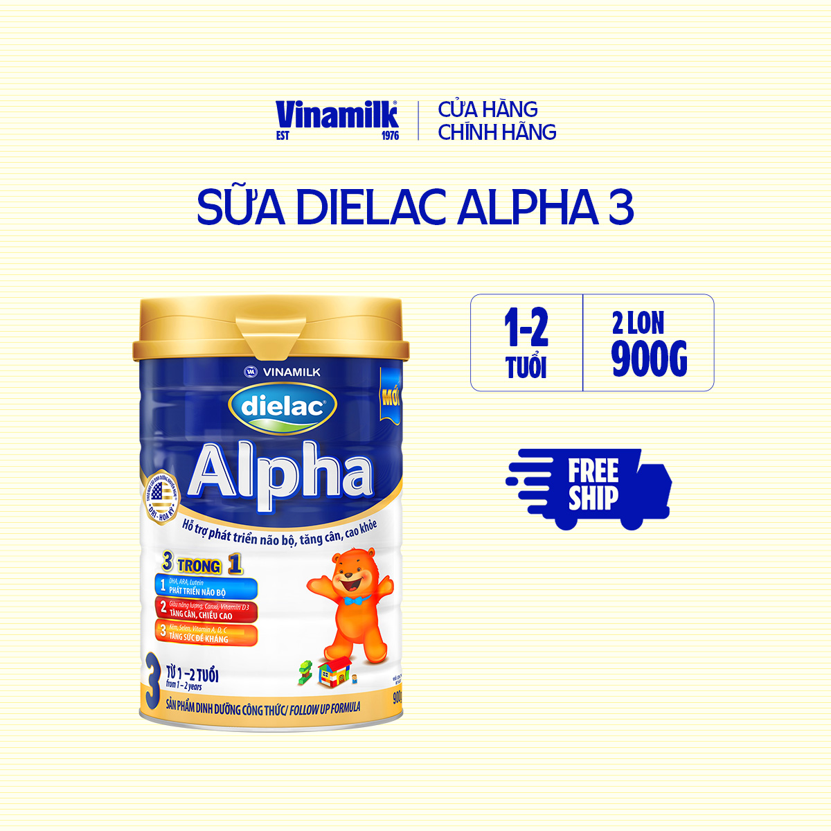 2 Hộp Sữa Bột Vinamilk Dielac Alpha 3 900g Hộp thiếc (Cho Trẻ Từ 1 - 2 Tuổi) - Sữa công thức 3 trong 1 hỗ trợ phát triển não bộ, tăng cân chiều cao, tăng sức đề kháng cho bé