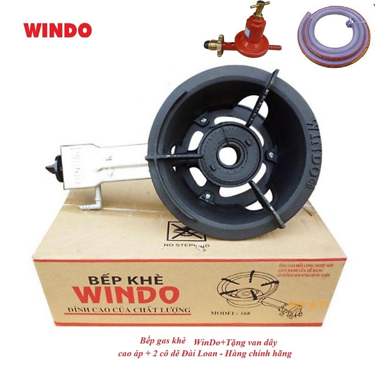 Combo bếp khè công nghiệp windo -168 -bếp gas cao áp - cán ngắn +tặng van dây + 2 cổ dê - hàng chính hãng