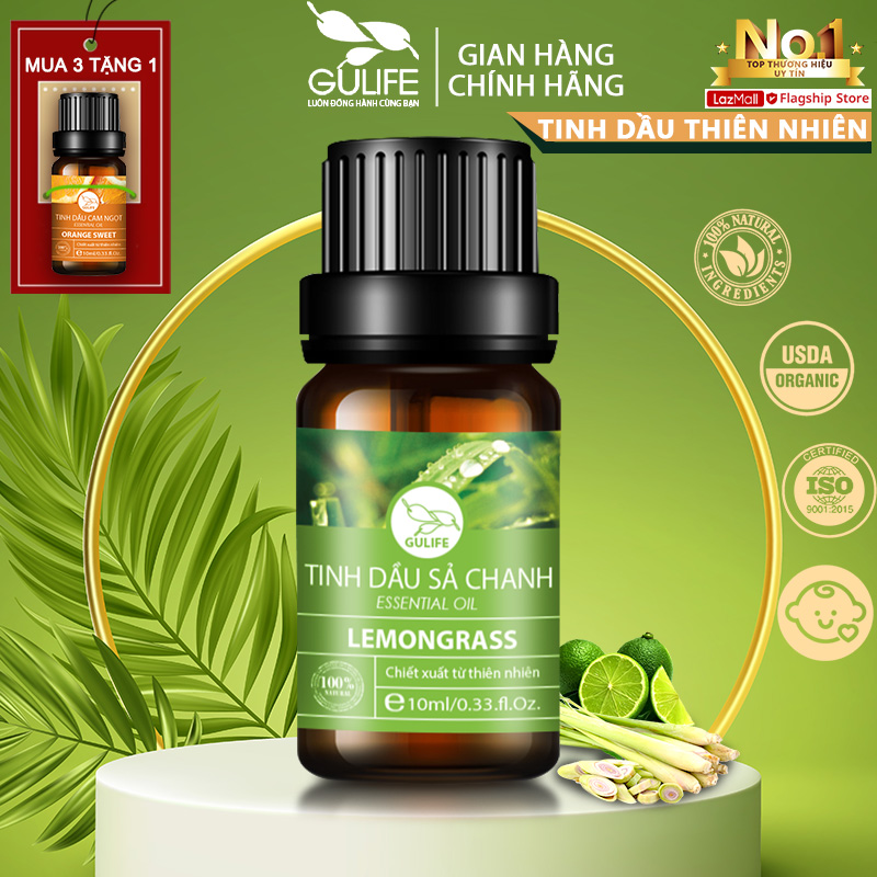 Nguyên Chất Tinh Dầu Sả Chanh Gulife 10ml - Chiết Xuất 100% Từ Thiên Nhiên - Nhiều Công Dụng Tốt Cho Sức Khỏe - Lemongrass Oil 100% Nature