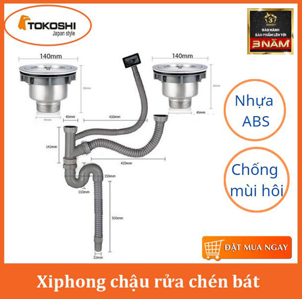 Xiphong chậu rửa chén bát đôi, bộ xả chậu rửa chén hai hộc, Nhựa ABS chống mùi hôi cao cấp