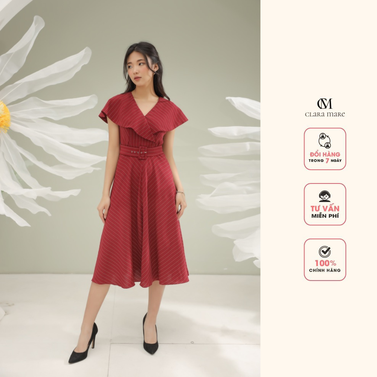 Đầm kẻ dáng xòe, cổ cách điệu, chất liệu linen kẻ, đầm may hai lớp clara mare lined circular dress dre4003