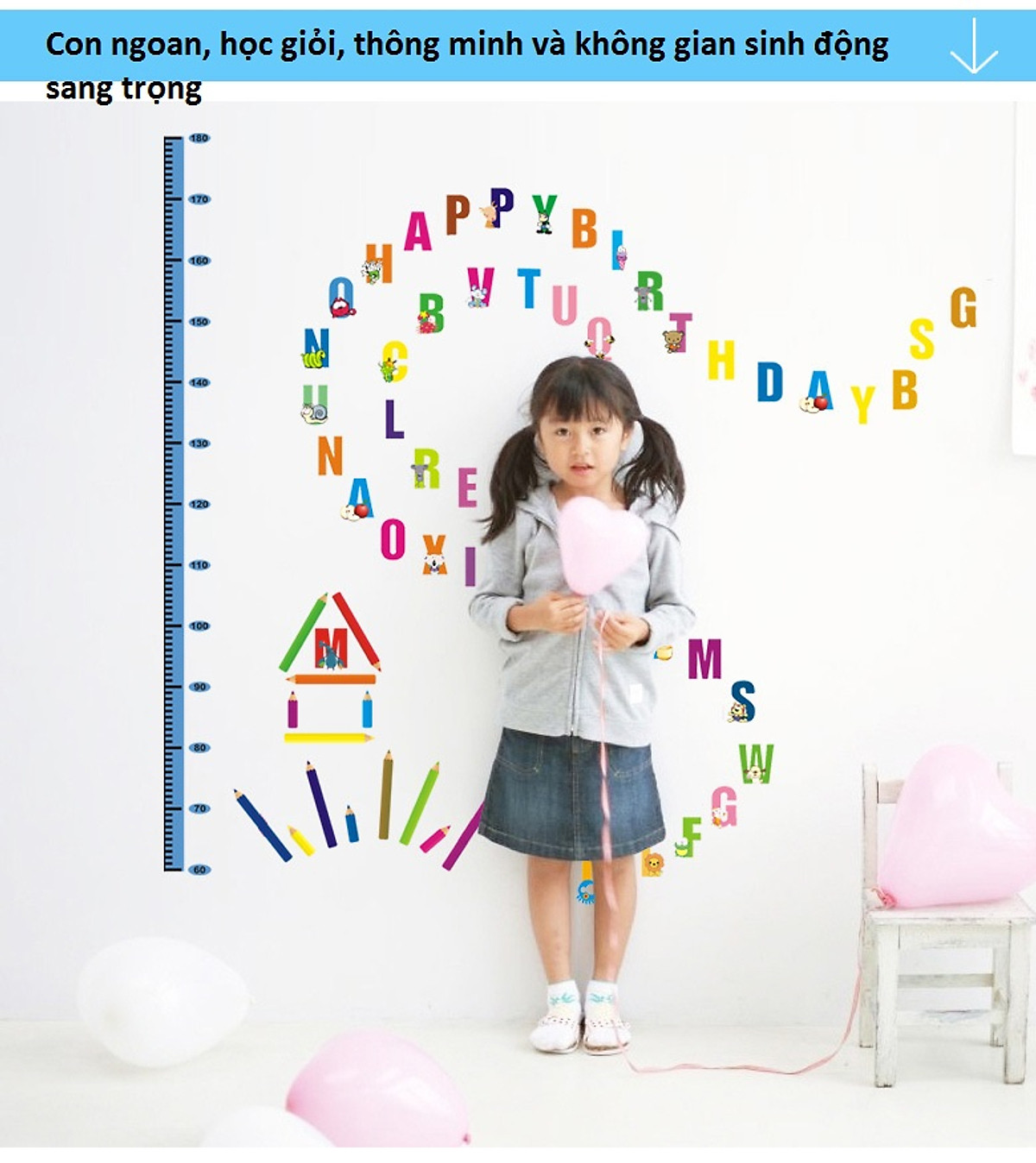 Decal dán tường đo chiều cao chữ cái tranh dán tường giấy dán tường bảng chữ cái giúp bé học giỏi thông minh có thước đo chiều cao