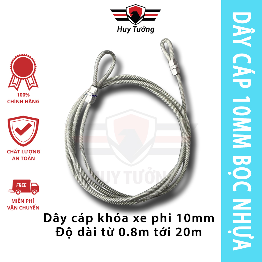 Dây cáp bọc nhựa phi 10mm dài từ 0.8m tới 20m, Dây cáp khóa xe máy, xe đạp, khóa cổng cực chắc chắn - Huy Tưởng