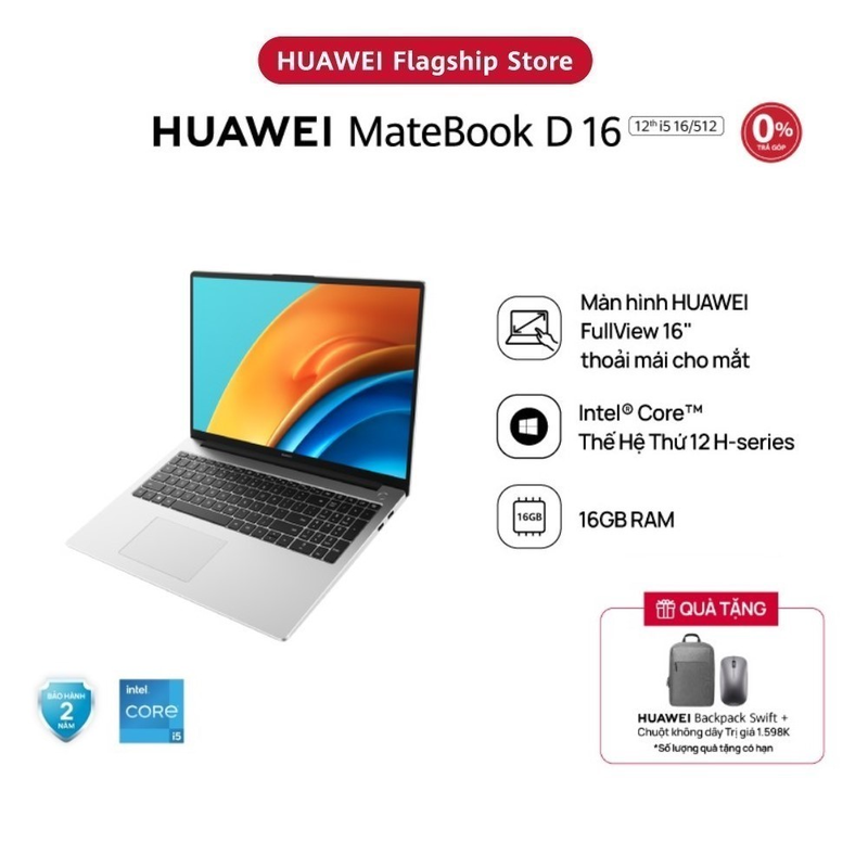 TRẢ GÓP 0%| Máy Tính Xách Tay HUAWEI MateBook D 16 (16GB/512GB) FullView 16" | Intel® Core™ i5 Thế Hệ Thứ 12 H-Series