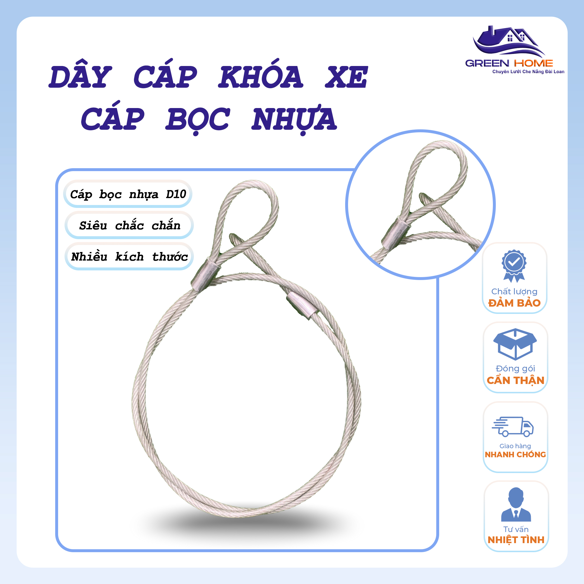 Dây cáp khoá xe máy, dây cáp bọc nhựa, cáp khóa xe 10 ly chống cắt, chống trộm