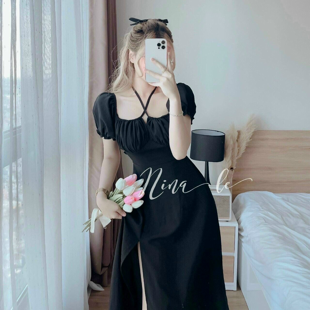 Váy đầm lụa xẻ tà cổ yếm phối dây mặc 2 kiểu