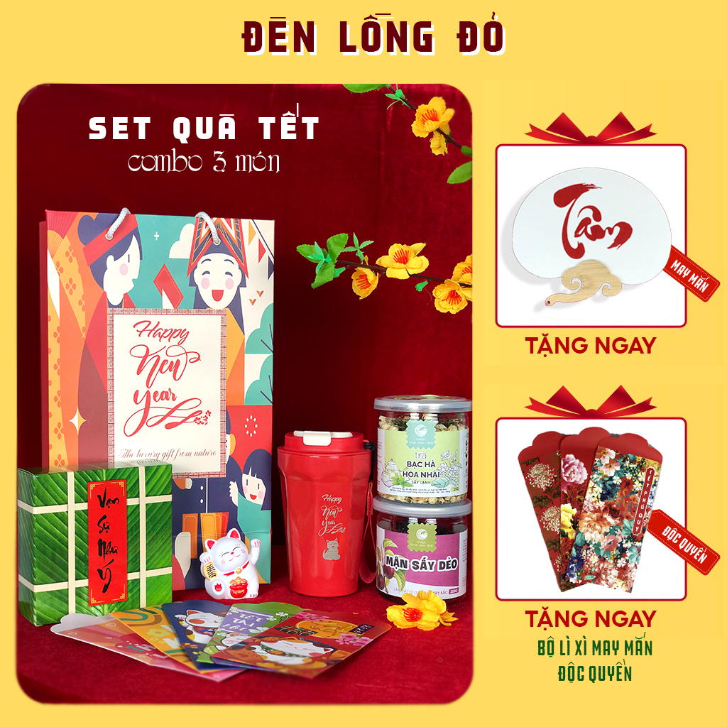 Giỏ quà tết 2023, set quà tặng tết combo 3 món sang trọng ý nghĩa, hộp quà biếu tết dành cho người thân, đối tác