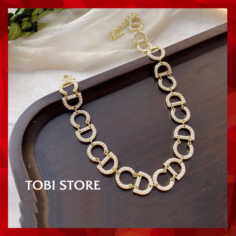 Vòng cổ chocker thương hiệu CD titan mạ vàng đính ngọc trai nhân tạo VCH28