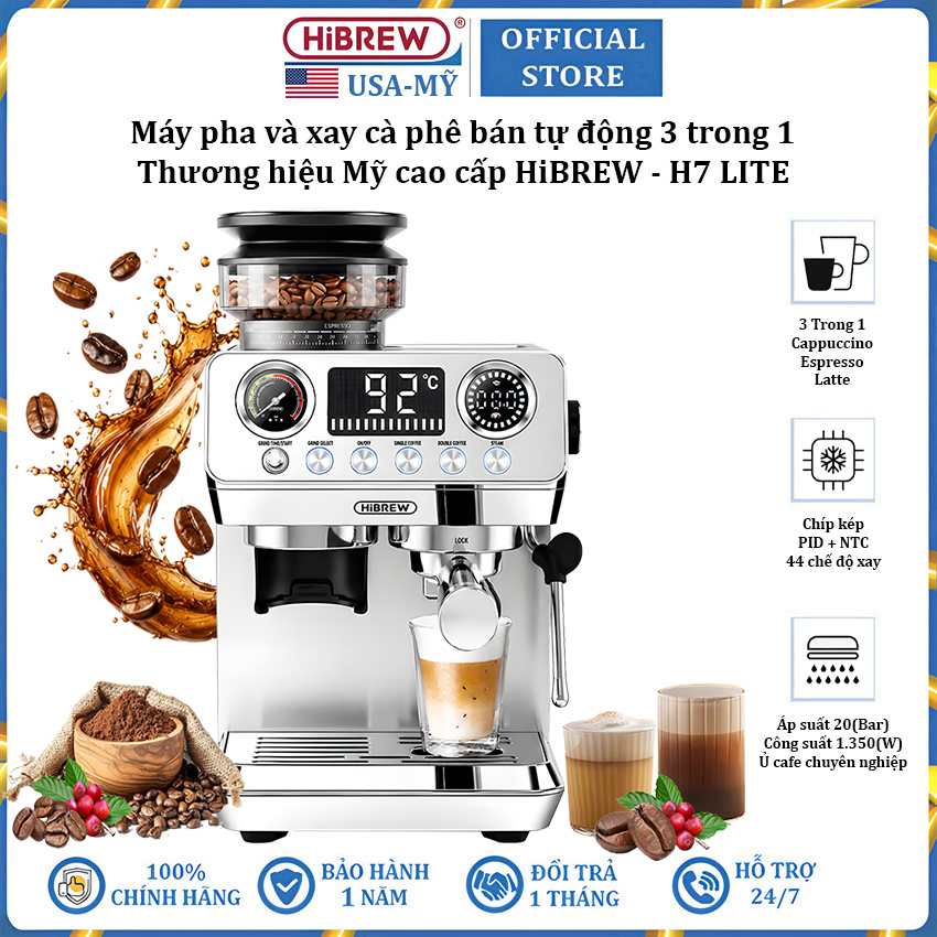 Máy pha và xay cà phê bán tự động 44 chế độ xay thương hiệu Mỹ cao cấp HiBREW H7 LITE - Áp suất 20bar - Bảo hành 1 năm