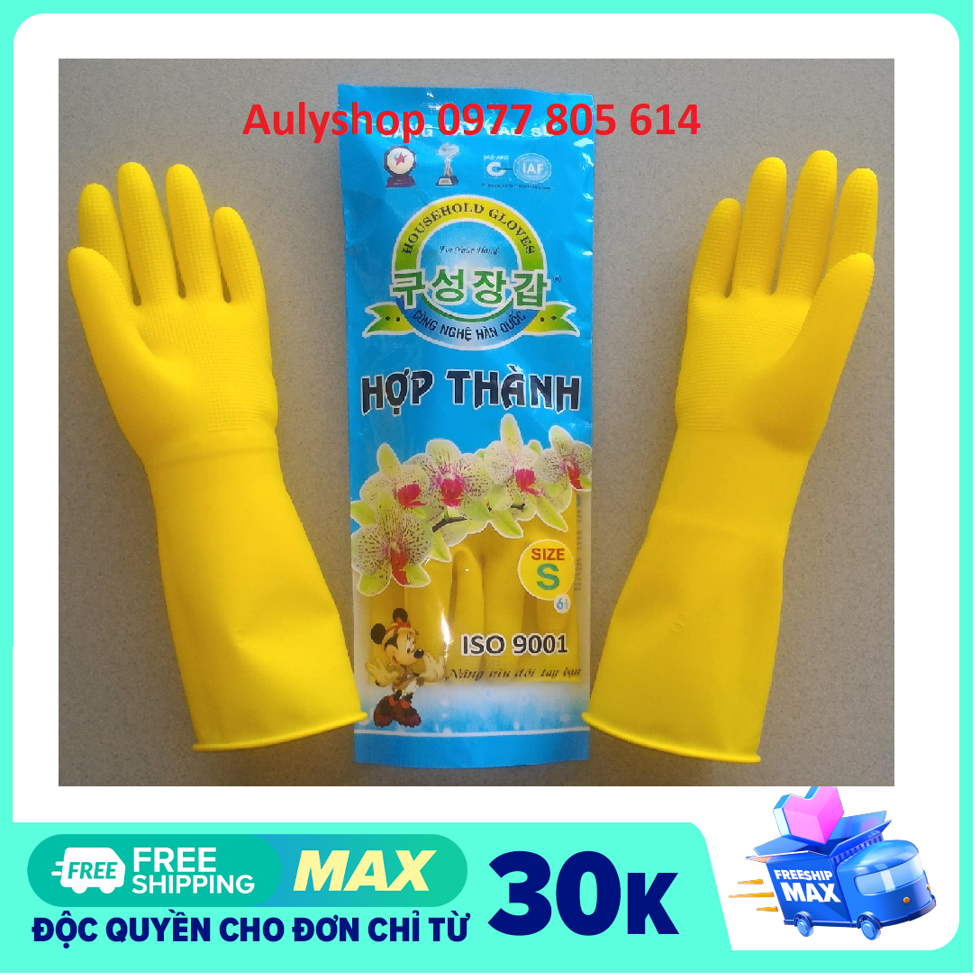 Găng tay cao su Hợp Thành dài 32cm size S M L, găng tay rửa chén rửa bát, bao tay cao su rửa chén