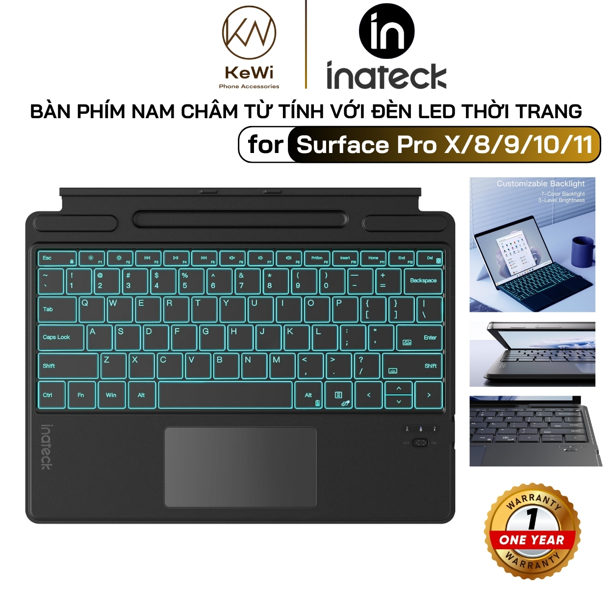Bàn Phím Bluetooth Cho Surface Pro X/8/9/10/11, Inateck KB05114, Touchpad Đa Điểm, Đèn Nền 7 Màu, Từ Tính