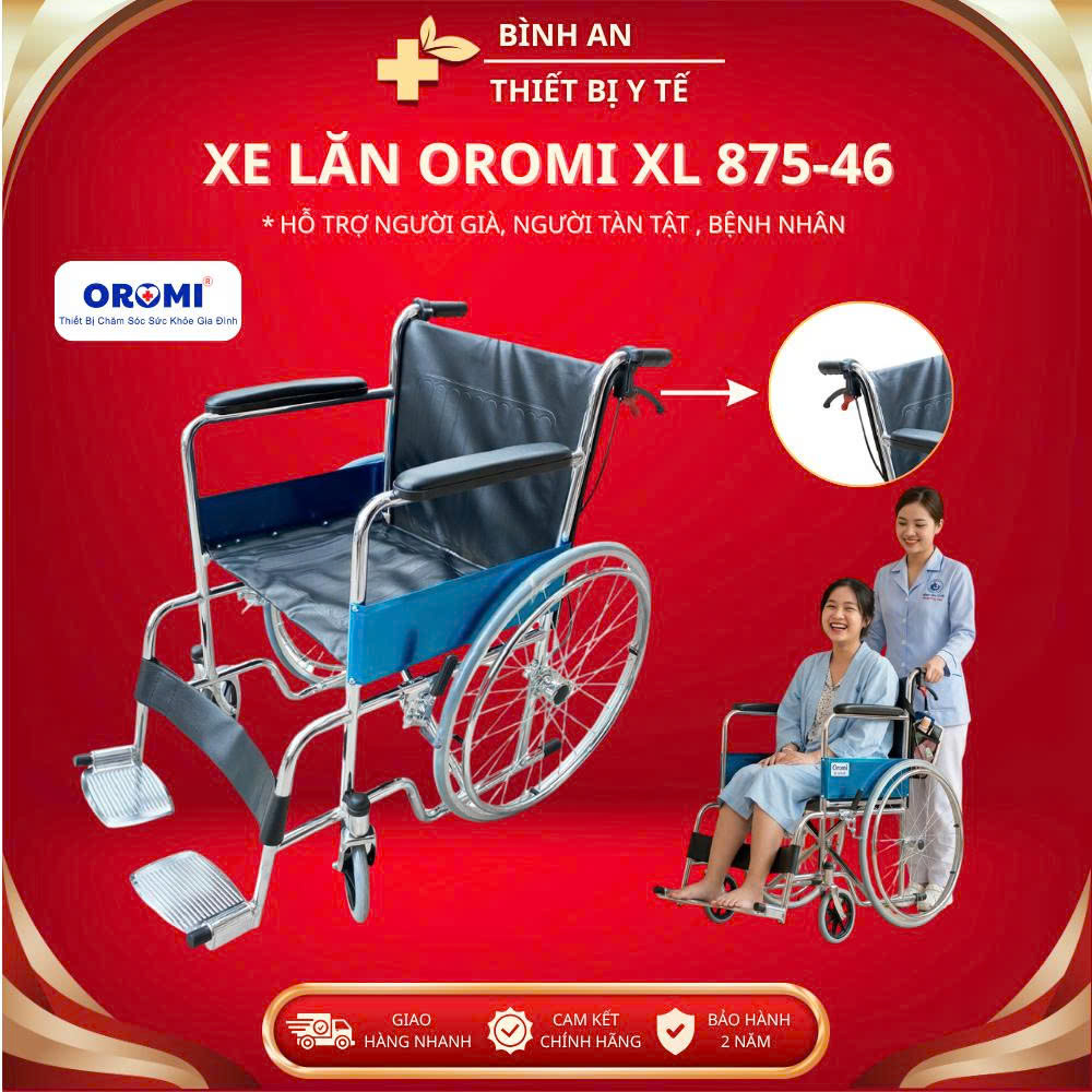 Xe Lăn OROMI XL-875-46 Phanh Kép Trước & Sau,Khung Thép Chắc Chắn,Ghế Da Smili Bền Bỉ Dễ Vệ Sinh,Tải Trọng 150kg