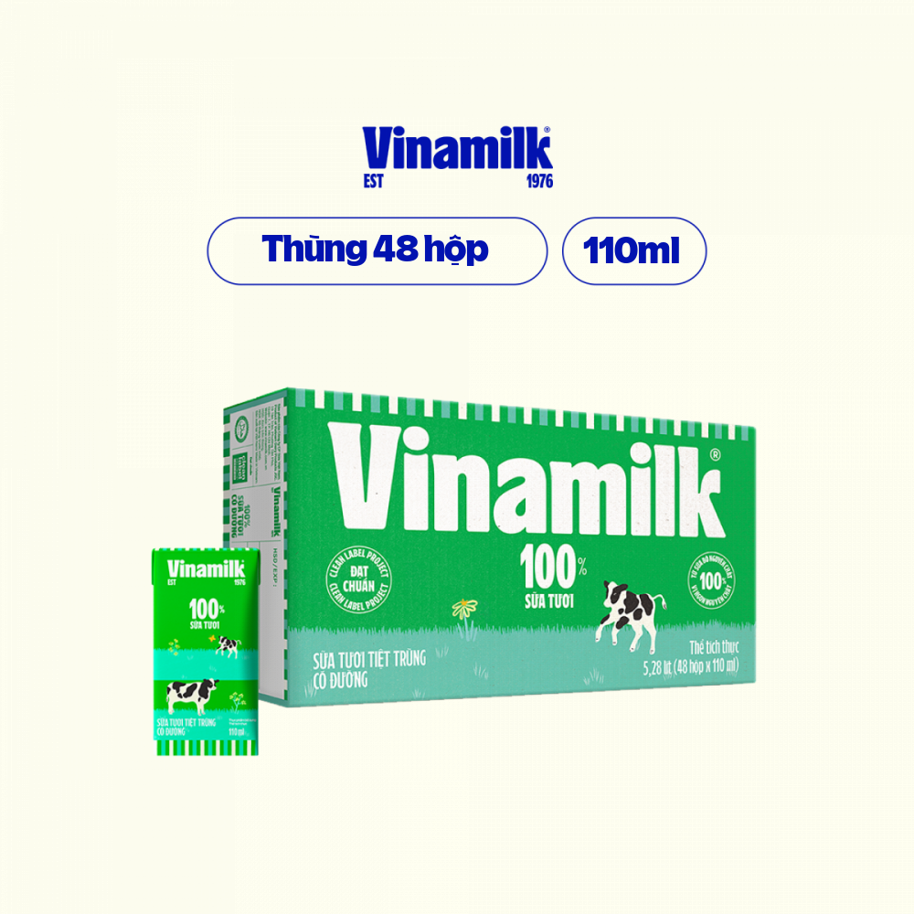 Thùng 48 hộp sữa tươi tiệt trùng Vinamilk 100 có đường 110ml