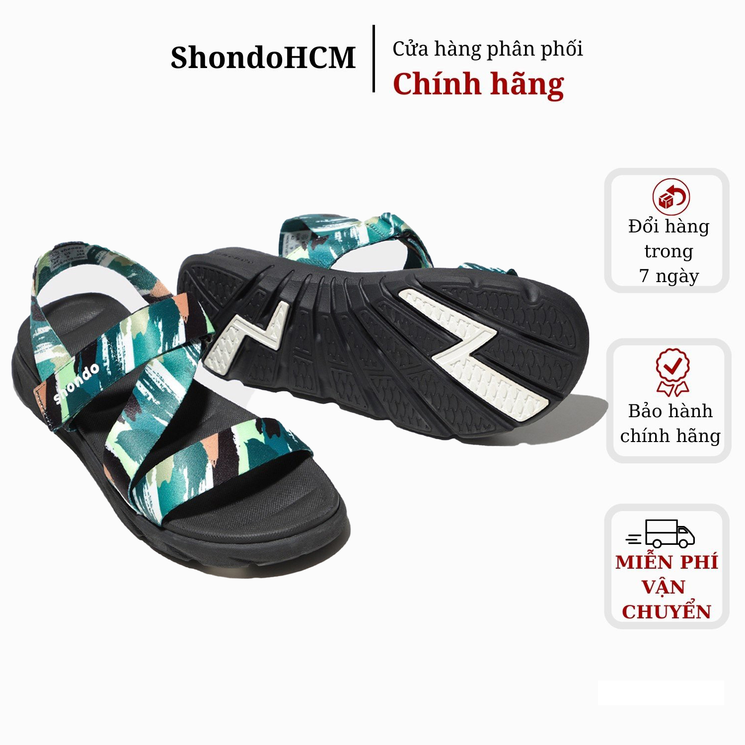 Giày sandal Shondo nam nữ đi học đế bằng đế đen quai vệt xanh lá F6S1040 Shondo chính hãng