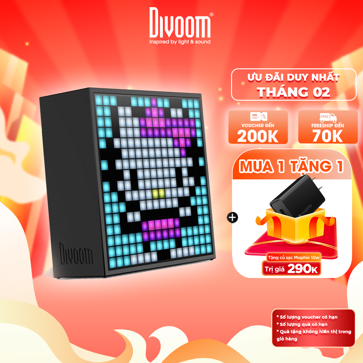 Loa bluetooth thông minh Divoom Timebox-Evo, màn hình LED 256 Full RGB, đồng hồ báo thức, ghi âm