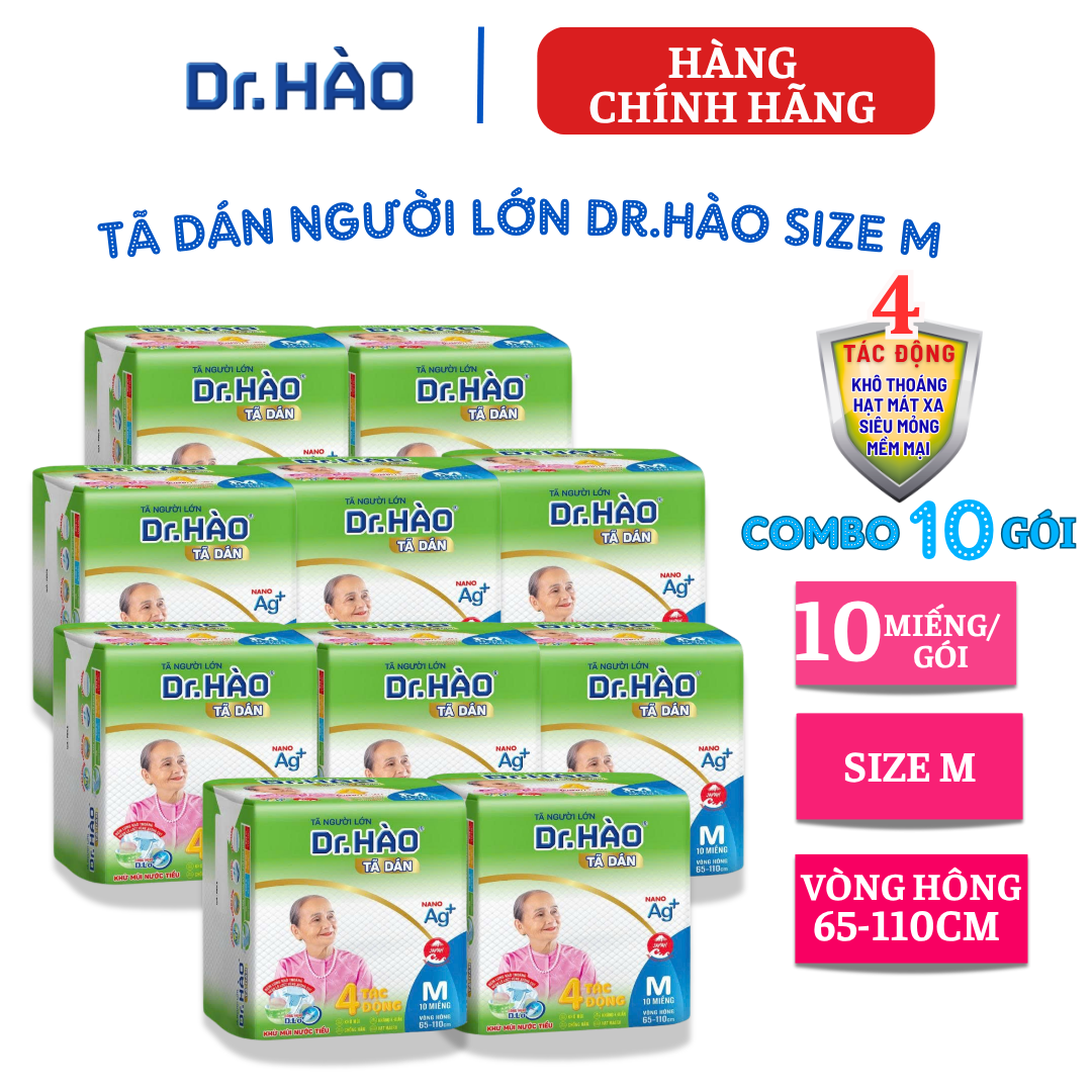 {Hàng chính hãng} Tã Dán Người Lớn DR.HÀO Size M gói 10 Miếng (combo10gói) bỉm dán cho người già siêu thấm, kháng khuẩn, khử mùi, chống hăm, tả giấy người bệnh dùng một lần