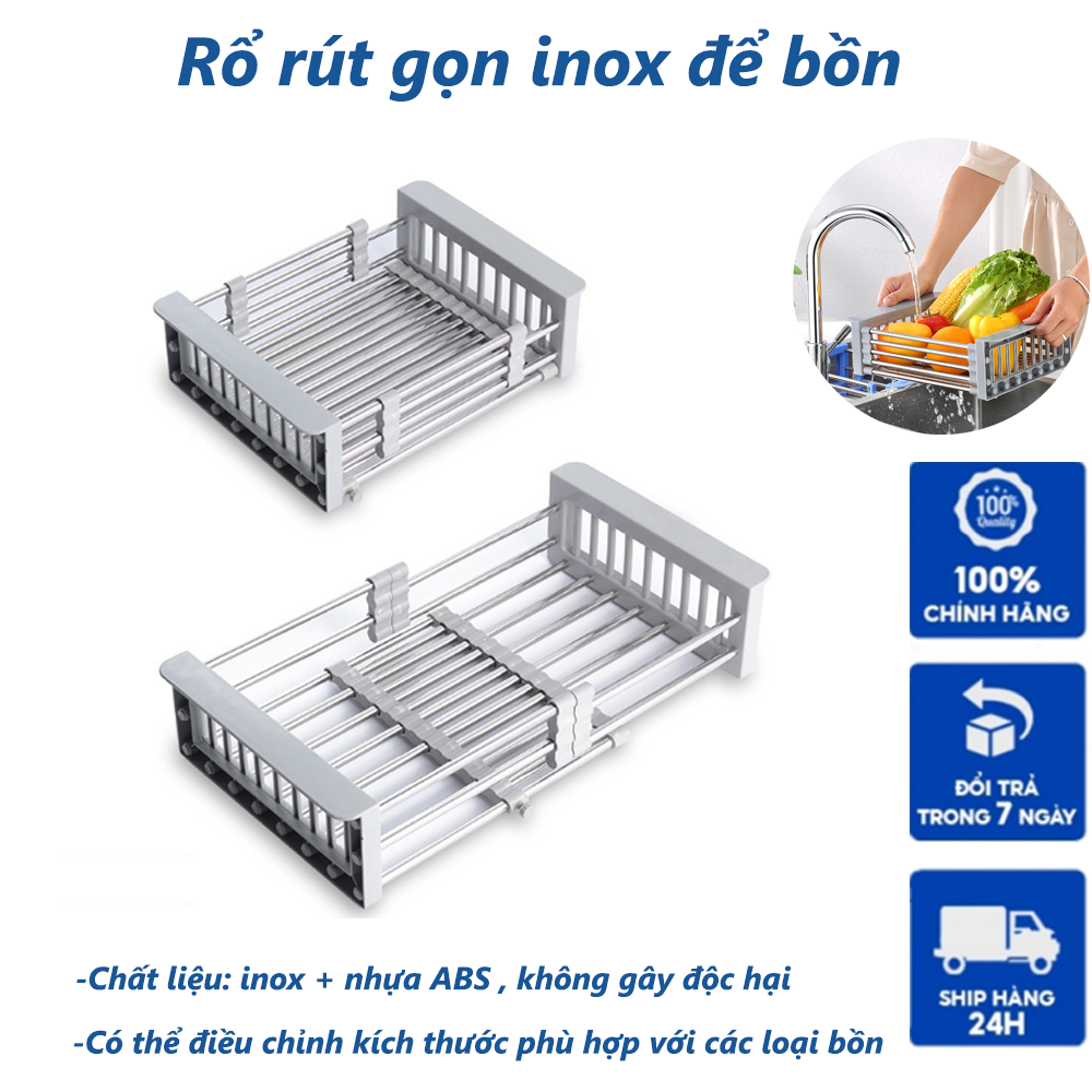 Rổ rút gọn inox để bồn, Giá inox đa năng đặt chậu rửa bát rút gọn