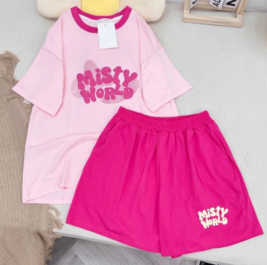 Đồ bé gái, set bộ cộc tay bé gái in chữ nổi MISTY WORLD chất cotton mịn mát, bộ quần áo bé gái mùa hè