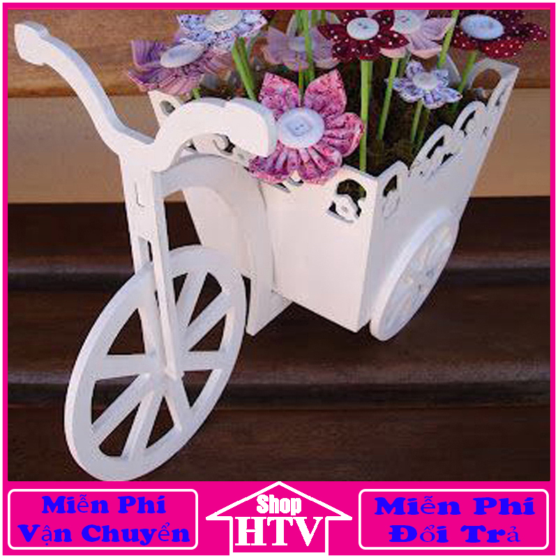 Giỏ cắm hoa hình xe đạp bằng gỗ cao cấp. màu trắng sang trọng