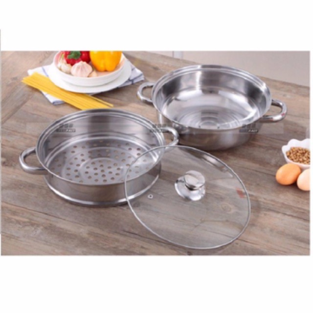 Nồi hấp 2 tầng đa năng steam pot - nồi hấp 2 tầng 28cm - nồi hấp 2 tầng đa năng steam pot - xửng hấp nồi lẩu hải sản vung kính chất liệu cao cấp