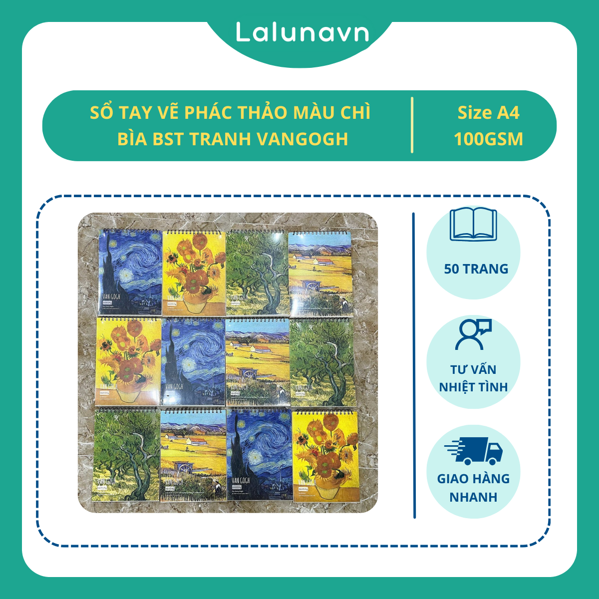 Sổ tay vẽ phác thảo chân dung màu chì bìa BST tranh VanGogh khổ A4 100gsm dễ thương cao cấp -B14