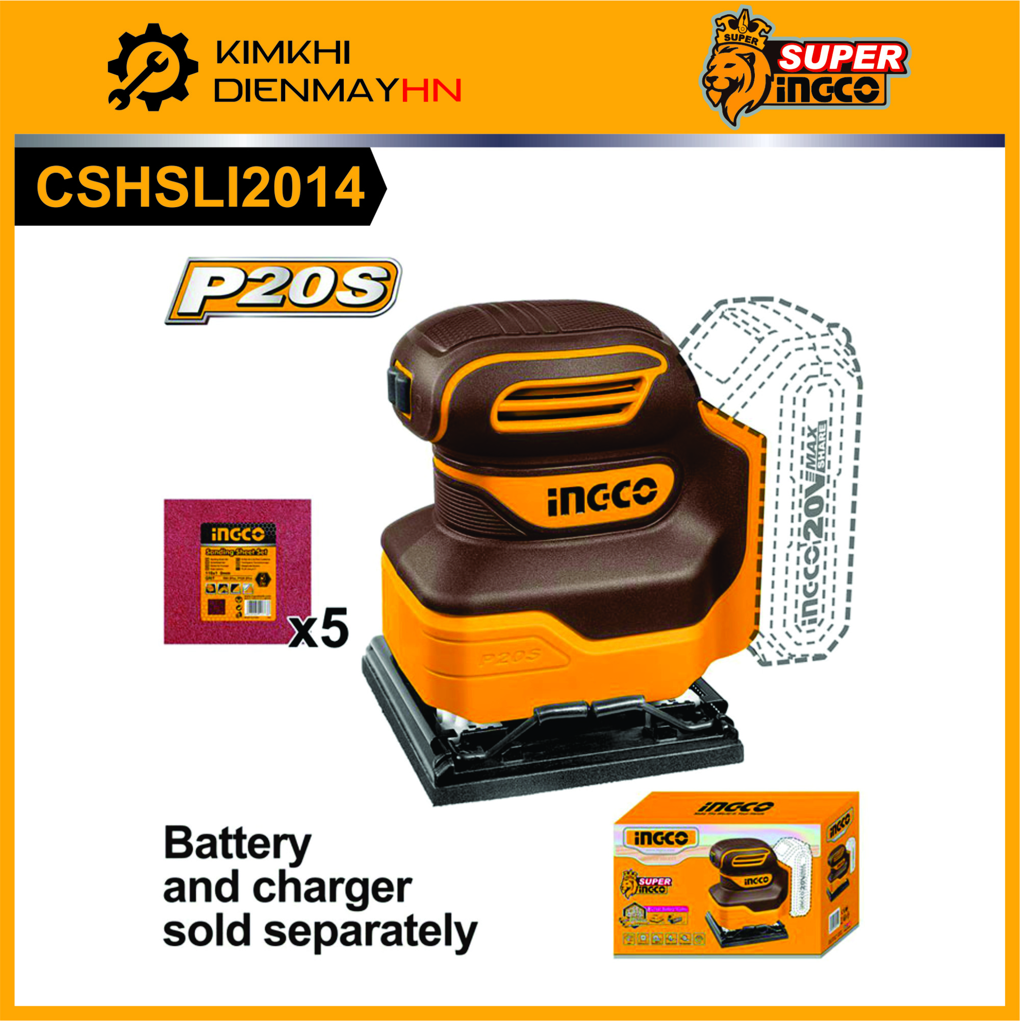 Máy chà nhám vuông INGCO CSHSLI2014 dùng pin 20V kích thước đáy 110mmx100mm (máy chưa kèm pin & sạc)