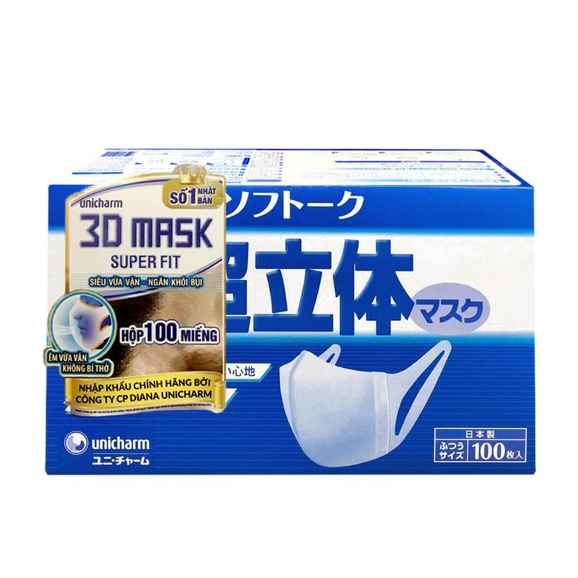 Hộp 100 miếng Khẩu trang ngăn khói bụi Unicharm 3D Mask Super Fit