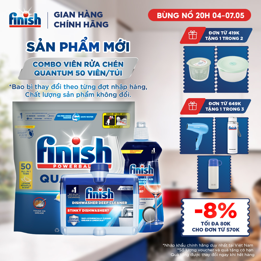 Combo Finish: Viên Rửa Chén Bát Finish Powerball Quantum 50 viên + Nước Làm bóng 500ml + Dung dịch vệ sinh máy
